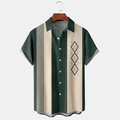 Men's retro striped color-block short sleeve shirt with green and beige patchwork - Dark Green/Beige Color Block (Argyle & Stripe)