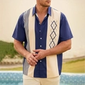 Detail of navy blue and beige vertical stripes and geometric diamond pattern on men's shirt - Navy/Beige Color Block (Argyle & Stripe)
