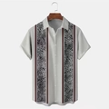 Detailed macro shot of striped leaf pattern on a grey casual short-sleeve men shirt - Light Grey/Black/Dark Red Leaf Stripe Print