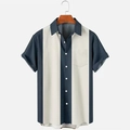 Men's retro striped short sleeve polo shirt in navy and beige with chest pocket - Navy/Off-White Color Block (Striped)