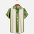 Detailed view of striped short sleeve shirt with lapel collar and chest pocket - Grass Green/Beige Wide Stripe
