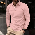 Men's long sleeve slim fit polo shirt in light pink with three-button collar and casual style - S / Pink