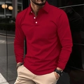 Close-up of red long-sleeved polo shirt featuring three-button collar and slim fit - S / Burgundy