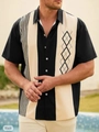 Men's black and white contrast striped short sleeve casual shirt in retro style - Black/Beige Color Block (Argyle & Stripe)