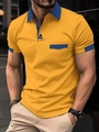 Detail view of contrast polo shirt with blue pocket edge and yellow high-elastic fabric - S / Yellow