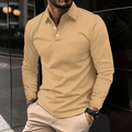 Detail of classic long-sleeved polo shirt with three-button placket in camel color - S / Khaki