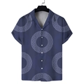 Detail of the navy blue short sleeve shirt featuring light blue Greek Key patterns and buttons - S / Blue Greek Key Pattern (GL64)