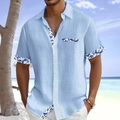 Detail of light blue textured casual shirt with floral patterns on sleeve and pocket - 3XL / Tops / Blue Vacation Style Print