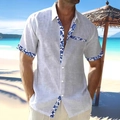 Detail of men's short sleeve shirt featuring blue floral trim on placket and pocket - 3XL / Tops / Grey and White Cross Grid Patchwork Print