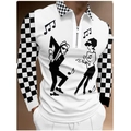 Polo homme blanc à manches longues avec motifs damiers et imprimé danseur Ska en 3D - S / Hauts / Imprimé Personnage de Dessin Animé Blanc (PLLC-14)