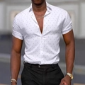 Detailed view of men's white short-sleeved shirt with black polka dot pattern and lapel - 3XL / Tops / Black Polka Dot Geometric (White)