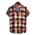 Men's retro red and yellow plaid short sleeve shirt with stand collar and buttons - M / Red Black Plaid