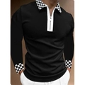 Detail of checkered collar and cuffs on a black men's long sleeve polo shirt with zipper - S / Black Checkerboard (PLLC-10)