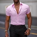 Detail of pink short-sleeve button-down shirt with geometric dots on a male model - 3XL / Tops / Micro Geometric Polka Dot (Pink)