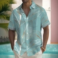 Men's blue tropical leaf print short sleeve shirt featuring a front pocket and white buttons - 2XL / Tops / Lake Blue Tropical Print
