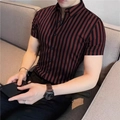 Detail of red and black vertical striped short sleeve shirt with button-down collar - 3XL / Tops / Red and Black Vertical Stripe (BDS18)