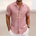 Close-up of pink men's short sleeve shirt featuring gold geometric grid patterns and white buttons - 3XL / Tops / Dusty Pink Geometric Grid