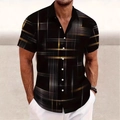 Detailed view of casual men's short sleeve shirt featuring gold geometric grid pattern - 3XL / Tops / Black Artistic Geometric Lines