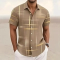 Detailed view of khaki short sleeve shirt with geometric grid pattern and white buttons - 3XL / Tops / Khaki Geometric Grid