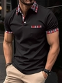 Men's black short sleeve Henley Polo shirt with classic plaid pattern trim and pocket - S / Black