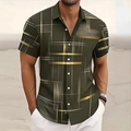 Detail of olive green men's short sleeve shirt featuring geometric print and white buttons - 3XL / Tops / Geometric Line Print (Army Green - BDS19)