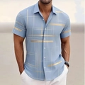 Detail of light blue men shirt with gold stripes and white grid pattern on breathable fabric - 3XL / Tops / Geometric Abstract Texture (Blue - BDS19)