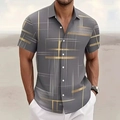 Detail of men's casual shirt featuring golden geometric patterns and premium buttons - 3XL / Tops / Geometric Line Grid (Dark Grey - BDS19)