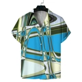 Close-up of cuban collar detail on men's short sleeve shirt with blue geometric print - S / Modern Geometric Lines (GL38)