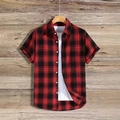 Detail of red and black plaid short sleeve shirt on a rustic wooden background - 2XL / Tops / Red and Black Plaid (Red)