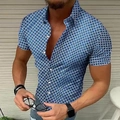 Détail de chemise à manches courtes pour hommes avec motif à carreaux bleus et blancs et col - S / Géométrique Bleu et Blanc (Bleu)
