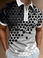 Detail of 3D geometric honeycomb pattern on men's polo shirt with zipper and white collar - 4XL / Tops / Black and White Gradient 3D Geometric Style (PLLD-176)