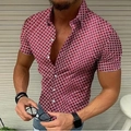 Chemise homme à manches courtes ajustée avec motif à carreaux géométriques rouge et blanc - S / Géométrique Rouge et Blanc (Rouge)