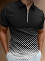 Detail of men's polo shirt featuring a silver metal zipper and white gradient pattern - 4XL / Tops / Black Gradient Grid Style (PLLD-177)
