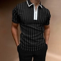 Close-up of black men's Polo shirt with white vertical stripes and silver zipper detail - 4XL / Tops / Black with White Fine Stripe Style (PLLD-178)