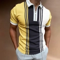 Detail of men's polo shirt featuring modern half-zip collar and color block pattern - 4XL / Tops / Yellow Blue and White Patchwork Stripe Style (PLLD-180)