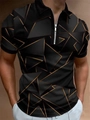 Detail of men's black polo shirt with golden geometric triangles and metal zipper neckline - 4XL / Tops / Black with Gold Geometric Triangle Style (PLLD-181)