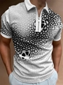 Detail of men's white polo shirt featuring black geometric print and silver zipper - 4XL / Tops / White Gradient Polka Dot Geometric Style (PLLD-185)