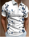 Detail of men's polo shirt featuring blue floral print and silver zipper placket - 4XL / Tops / Blue Freehand Floral Style (PLLD-190)