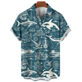 Short sleeve button shirt in dark cyan featuring 3D nautical shark and ocean prints - S / Tops / Teal
