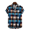 Men's short sleeve plaid shirt with stand collar and colorful check pattern in size M - M / Blue Orange Plaid