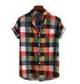 Men's summer short sleeve shirt with colorful plaid pattern and minimalist stand collar - M / Red Yellow Check