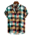 Men's retro color block patchwork short sleeve shirt with standing collar design - M / Vintage Patchwork