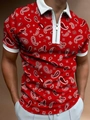 Detailed macro view of white zipper closure and paisley print on red men's polo shirt - S / Red Paisley (PLS-22)