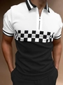 Detail eines Herren-Poloshirts mit Reißverschlusskragen und schwarz-weißem Karomuster - S / Schwarz Weiß Schachbrett Patchwork (PLS-39)