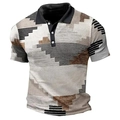 Herren Kurzarm-Poloshirt mit 3D geometrischem Pixelmuster in Khaki und Creme - S / Off-White/Khaki/Schwarz Stufengeometrie