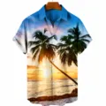 Close-up of tropical sunset digital print with palm trees on men's holiday shirt - S / Tops / CSM-0007