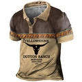 Men's retro brown Yellowstone Dutton Ranch polo shirt with bull logo and 3D print - S / Tops / Brown/Sand Patchwork (Dutton Ranch)