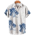 Detail of tropical navy coconut tree print on light gray short sleeve men's shirt - S / Tops / CSM-0004