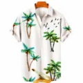 Detail of tropical print shirt featuring palm trees, message bottles, and birds on fabric - S / Tops / CSM-0002