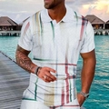 Men's short sleeve polo shirt with white geometric patterns and colorful grid lines - S / Tops / Multi-color Plaid (3)